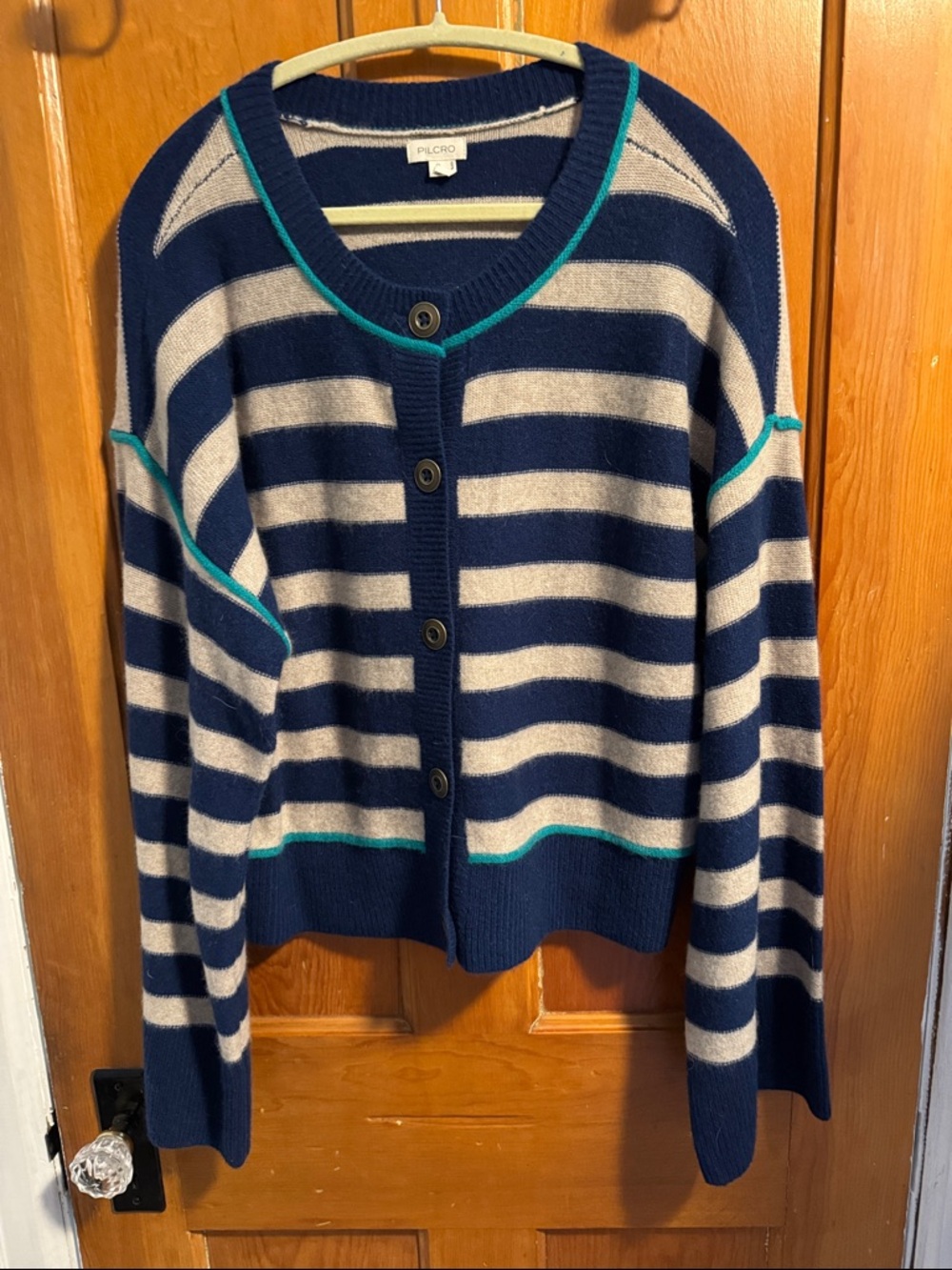 Pilcro Cashmere Navy, Cream & Teal Trim Striped Button Cardigan